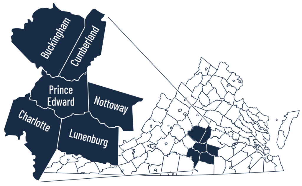 VaHA service area map showing 6 counties (north to south): Buckingham, Cumberland, Prince Edward, Nottoway, Charlotte, and Lunenburg